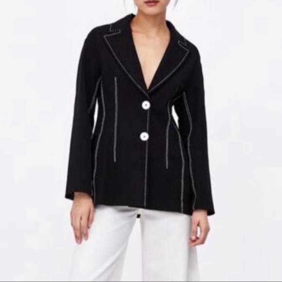 Zara Jackets & Blazers - Zara Black Blazer White Stitching 2 White Button